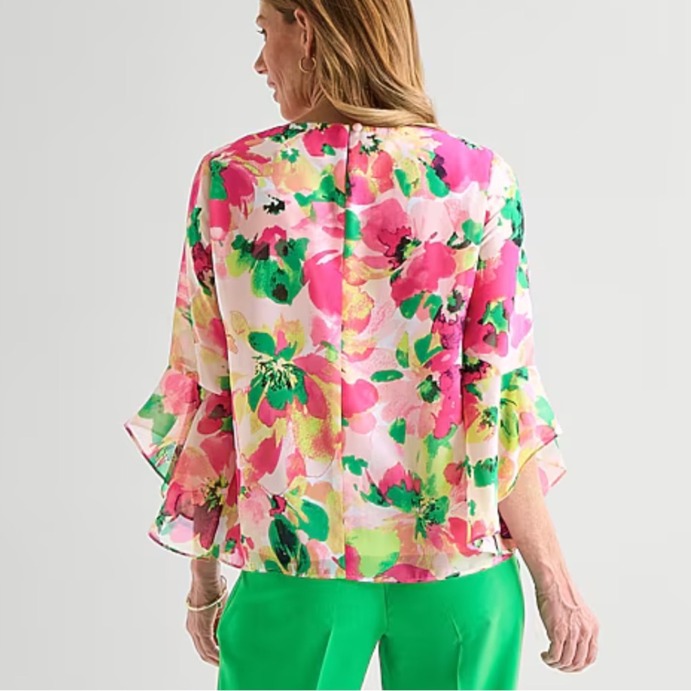 Evan Picone Black Label Floral Print Ruffle Sleeve Blouse Sz XL $59 - Picture 5 of 8